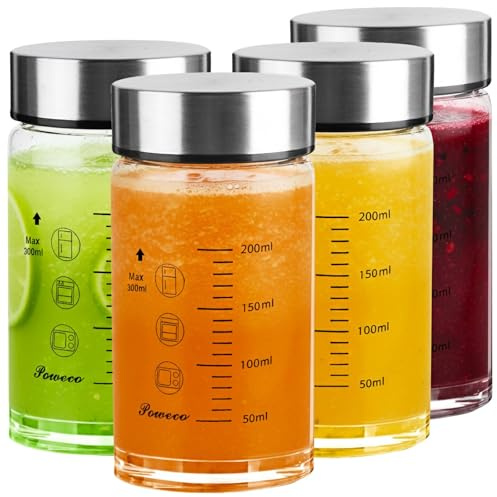 poweco Glasflasche 300ml mit Deckel - 4er Pack, Trinkflasche Glas & Saftflasche aus Borosilikatglas - Smoothie & Shaker Becher - Zum Befüllen - BPA-Frei
