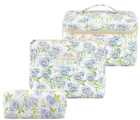 Sminkväska set dam, 3 st resemakeupväska i bomull, blommönster sminkväska, Blå blomma, Fräsch och söt
