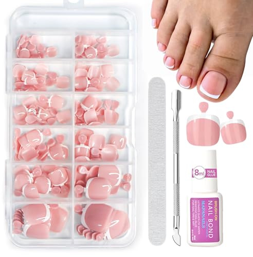 French Fake Toe Nails Set - 120PCS Short Square False Toenails Kit With Glue - White French Tip Pink Stick On Toenails - Glossy Full Cover Acrylic False Toe Nails For Women Nail Art DIY Gift