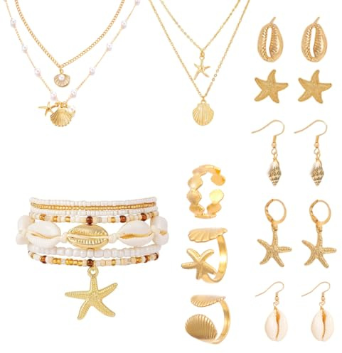 AOWVUTS Parure Bijoux Femme Plaquée Or avec Colliers Perle, Coquillages, Boucles d'Oreille Étoile de mer, Bracelets, Anneaux et Bracelets de cheville - Style Boho Plage d'été - Cadeau