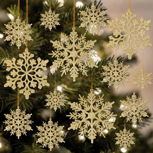 Miucat 42pcs Gold Snowflake Ornaments - Christmas Tree Decorations, Hanging Snowflake Decorations, Plastic Glitter Snow Flakes for Christmas, Winter, Party