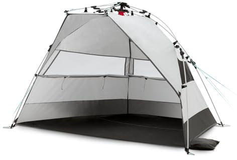 qeedo Quick Bay Strandmuschel mit UV-Schutz (UV80) für 2 Personen inkl. Roll-in-Bag, Kunststoffheringe und Abspannleinen - Sonnenschutz für Familien, Kinder, Babys oder Hunde - Sandgrey