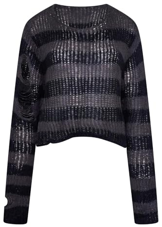 Ro Rox Ryette Cropped Striped Knit Jumper for Women – Distressed Oversized Grunge Gothic Sweater, Long Sleeve Alternative Punk Alt Top