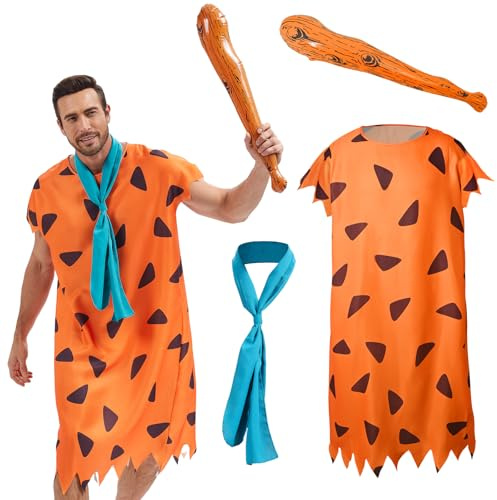 AKFJDLAD Disfraz de hombre de las cavernas para adultos disfraz prehistórico de la edad de piedra con estampado naranja，4XL