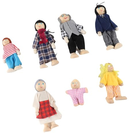 Aramox Casa delle Bambole Famiglia Figure di Bambole Set di Giocattoli in Miniatura, Accessorio per Casa delle in Legno di Pino con 7 Dal Corpo Morbido per Giochi di Ruolo per Bambini 1-7 Anni