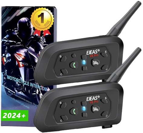 OKEU V6 Pro Motocicleta Intercomunicador, 2 Casco Auricular Intercom Kit con cancelación de Ruido, 1Km Distancia, IP67 Impermeable Universal Motocicleta Sistema de Comunicación (Negro-Dos)