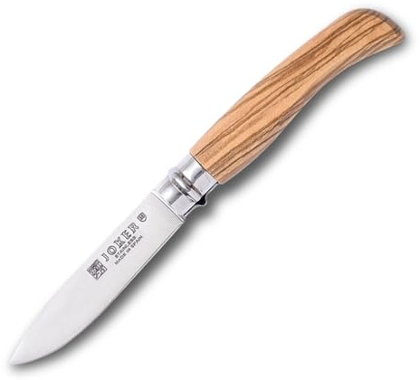 Joker Navaja NO23 con puño de olivo, virola giratoria de seguridad y hoja Inox 420 de 8 cm, herramienta de pesca, caza, camping y senderismo