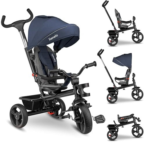 LIONELO Haari 2in1 Dreirad mit Schubstange ab 18 Monate bis 25kg, Vorwärts und Rückwärtsfahrt, schlauchlose Gummireifen, Freilauf geräumiger, Korb, Tasche, Getränkehalter