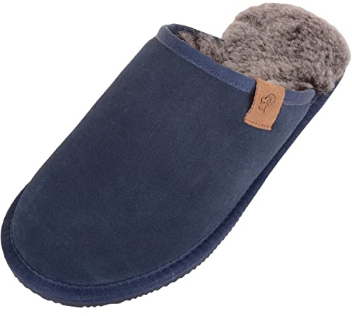 SNUGRUGS Mens Genuine Sheepskin Open Back Winter Mule Slipper, EVA Sole, Navy, UK 9