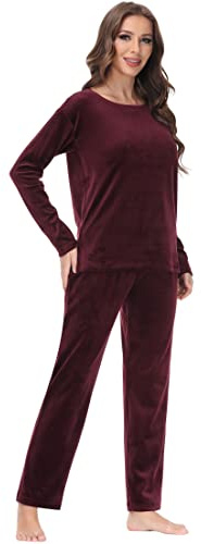 COZZIPLUS Women Velour Lounge Set 2 Piece Velvet Pajama Set Sweatsuit Crew Neck Sweatshirt and Elastic Waist Sweatpant(Burgundy,XL)