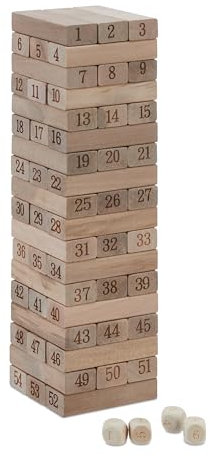 Relaxdays Wackelturm, Holzturm Spiel, 54 Holzklötze, Zahlen & Würfel, Geschicklichkeitsspiel, HBT 26, 5x7,5 cm, Natur