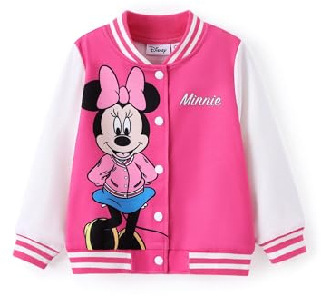 Disney Minnie Mouse Girls Varsity Bomber Letterman Baseball Jacket Kids Letter Print Lightweight Sweatshirt Classic Button up Color Block Coat 6-7 Years
