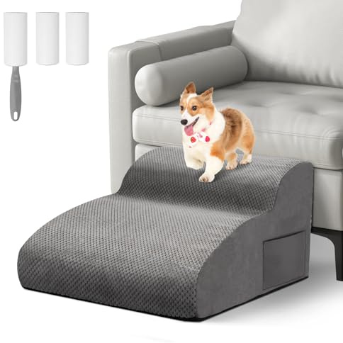 Otauoaea Hundetreppe für Kleinen Hunde, 2 Stufen rutschfest Haustiertreppe Katzentreppe, Hunderampe aus Schwamm für Sofa Bett, Hunde Treppen mit Abnehmbarer Bezug, Senden Fusselrolle, Grau