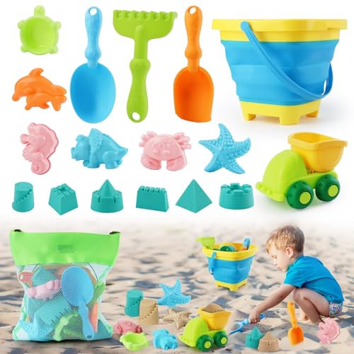 VFANDV Sandspielzeug, 18 Stück Kinder Strandspielzeug Set Sandkasten Spielzeug Reise Sandspielzeug mit Faltbarer Eimer Sandschaufel Sandförmchen Netzbeutel Sandspielzeug für Kinder Jungen Mädchen