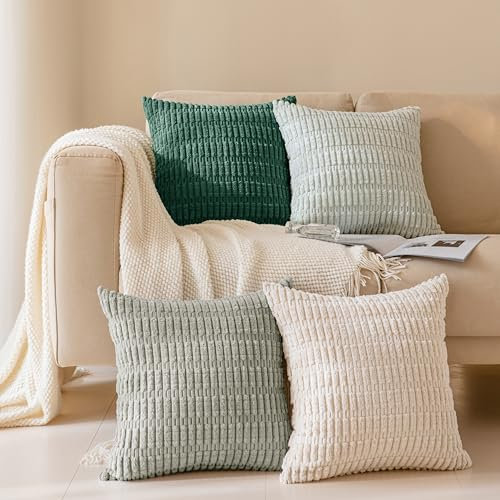 Softalker Kissenbezug 40x40 cm Grün Beige Cord Boho 4er Set flauschig weich Sofa Kissenhüllen Kissenbezüge Sommer Dekokissen Sofakissen Kissen Bezug Deko Wohnzimmer Kinderzimmer Garten Outdoor