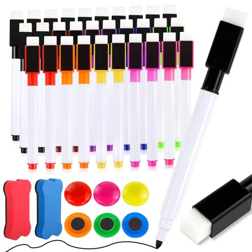 Watunid 30 stycken whiteboard markörer, 10 färger magnetiska whiteboard pennor med svamp och 6 magneter, 3-i-1 foliepenna torr avtorkbar penna för kontor, skola