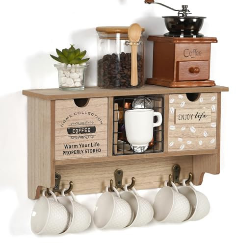 JUJOYBD Rustikales Kaffee-Organizer Holz, Wand Tasshenregal mit 3 herausnehmbaren Körben & Doppelhaken, Kaffeebar Wandregal Tassenhalter geignet für Espressotassen