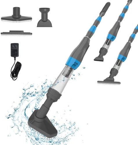 PoolyPoly 3 en 1 Limpiafondos de Piscina a Bateria, Aspirador de Piscina Inalámbrica con Mango Telescópico, Aspiradora Manual para SPA, Piccola Piscina Pequeñas, 90 Minutos Limpieza, Gris