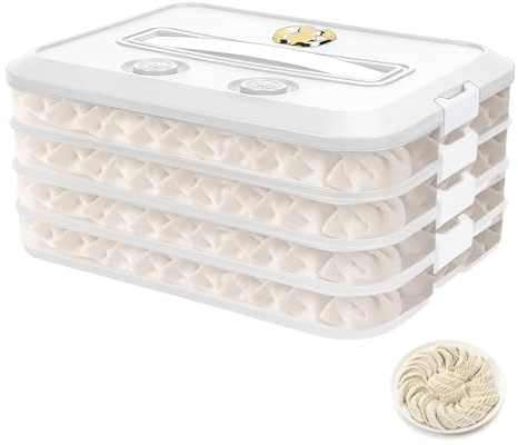Yallmie Förvaringsbox med 4 lager, dumpling organiserare med lock och handtag, frysförvaringslådor, kakförvaringsbehållare med 2 timer kylskåp och matförvaring för grönsaks kött, fiskmat (vit)