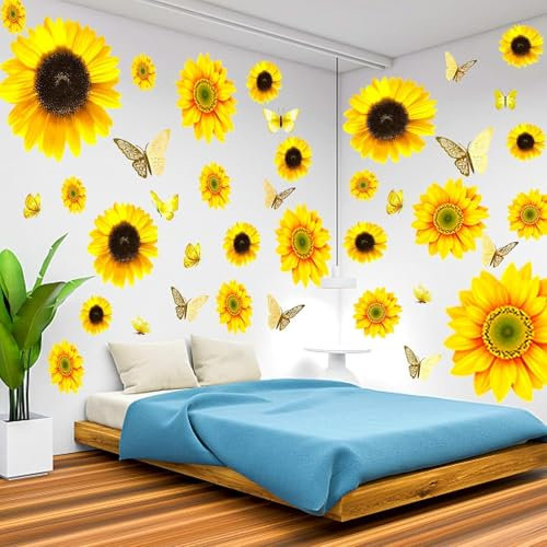 Lot de 39 grands autocollants muraux tournesols marguerites pour mur, papillon 3D, salle de bain, chambre d'enfant, décoration, fleurs jaunes amovibles, chambre à coucher