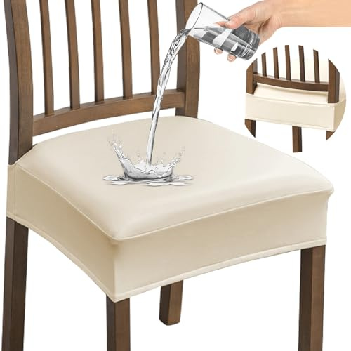 Alishomtll PU Chair Seat Covers for Dining Room Set of 6, Stretch Leather Waterproof Chair Seat Slipcovers, Removable Washable Dining Chair Covers Kitchen Seat Protector (Rear-Covered, 6pcs Beige)