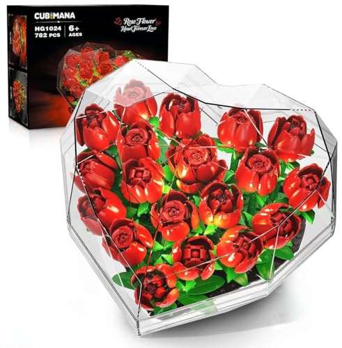 CUBIMANA Ensemble Construction Fleurs Roses avec boîte en Forme cœur et lumière, 19 Blocs Construction Fleurs avec Carte, kit Plantes décoratives Cadeau Saint-Valentin d'anniversaire pour épouse mère
