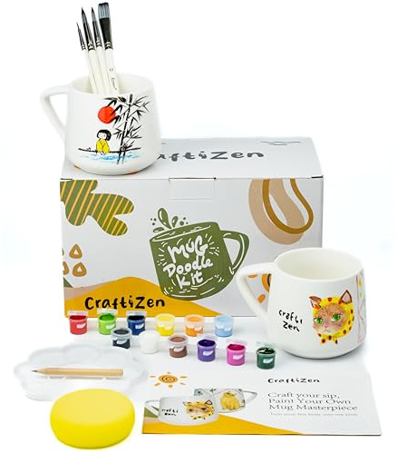 craftizen Paint Your Own Mug Kit - Mug Painting Kit for 2 Adults or Kids, Ceramic Mugs to Paint with Brushes & Paints, DIY Pottery Painting Kit & Mug Decorating Gift Set