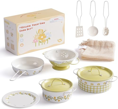 ROBOTIME Ustensiles de cuisine en fer blanc, ensemble d'ustensiles de cuisine à fleurs jaune crème, mini accessoires de cuisine, casseroles et poêles avec un sac en filet, style français pour enfants