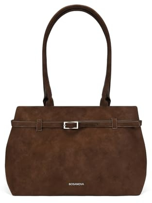 BOSANOVA Bolso de Hombro Tipo Bowling para Mujer en Ante con cinturón con Hebilla metálica y Doble asa de Colgar. Cierre con imán Interior. Marron U