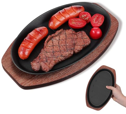 MOBUTOFU Piastre Ghisa Padella per Bistecca con Base in Legno per Barbecue in Ferro Elegante e Resistente con Superficie a Righe Antisporcizia per Casa e Griglia