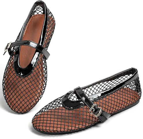 Mesh Ballet Flats for Women, Fishnet Ballerina Shoes Buckle Strap Black