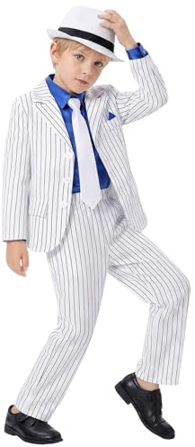 Kids Retro Pop Star Costume Boys 1920s Gangster Pinstripe Suit Complete 5 Piece Outfit with Hat, Tie, Shirt, Jacket & Pants for Halloween Cosplay