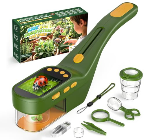 OAEBLLE Microscope Attrape-Insectes avec Écran 2,4, Jouet pour Enfants | Attrape-insectes avec zoom 500x, batterie 1000 mAh, 8 lumières LED, appareil photo, jouet menthe pour enfants de 3 à 12 ans