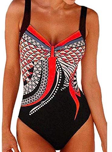 Costumi Interi Donna, One Piece Costumi da Bagno Push Up Trikini Imbottito Backless Swimsuit Pin Up Costume Bohemian Beachwear(Rosso, XL)