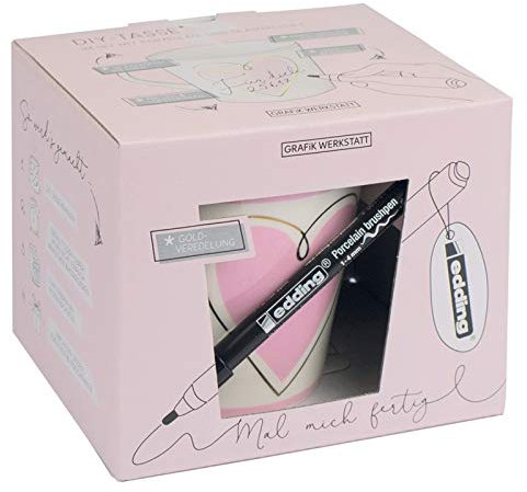 Grafik-Werkstatt Werkstatt DIY-Tasse zum selbst gestalten | Set mit edding Porzellan- und Glasmalstift | 420 ml | Herz, 61263, Weiß