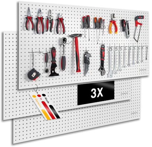 Pegboard Peggy´s Lot de 3 panneaux à outils en bois - 120 x 60 x 0,5 cm - Perforation Ø 7 mm - MDF laqué blanc