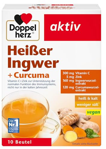 Doppelherz Heißer Ingwer und Curcuma - Vitamin C und Zink zur Unterstützung der normalen Funktion des Immunsystems - heiß und kalt - vegan - 10 Beutel