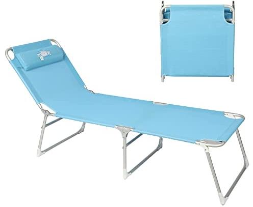 Old Bahama Bay Folding Camping Beach Cot with Pillow,4-Positions Folding Recliner Lounger Bed for Camping/Travel/Beach/Hiking/Patio,Supports 250LBS, Blue