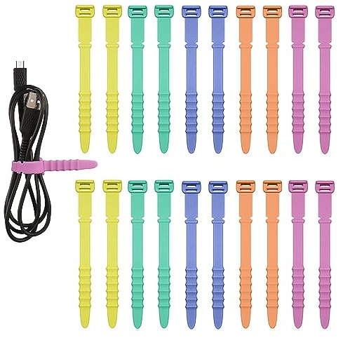 20 Piezas Bridas de Alambre, Correas para Cables Elásticas Bridas de Silicona para Auriculares Cable de Carga Hogar Oficina Mesa Organización (Amarillo, Verde, Rosa, Naranja, Azul)
