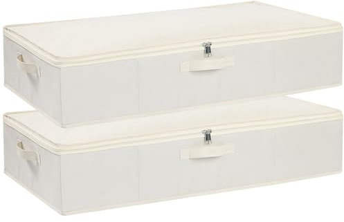 YheenLf 2 Stück Aufbewahrungsboxn mit Deckel, Faltbare Kleiderschrank Organizer mit Verstärktem Griff und Reißverschluss für Bettdecken Decken Kleidung, Beige, 80x40x15cm