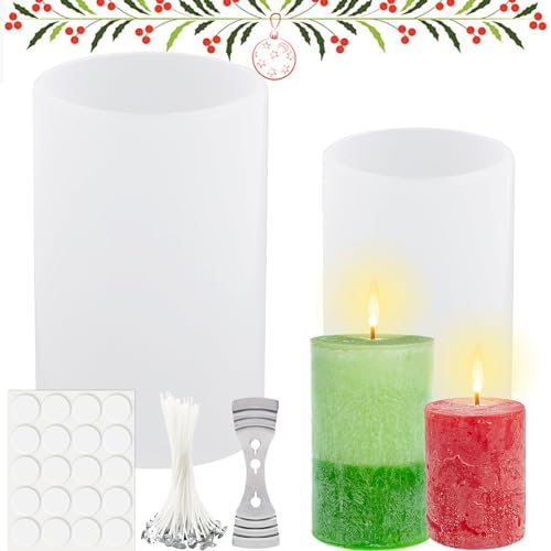 2 Stück Kerzen Gießen Formen, DIY Kerzenformen Silikon mit 20 Docht Kerzen+1 Metallständer + 1 Wachskernaufkleber Kerzengiessformen Silikon, Kerzen Silikonformen für Handgefertigte Seife Duftkerzen