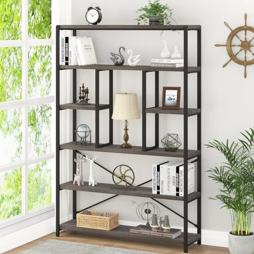 LVB 6 Tier Industrial Bookshelf for Bedroom Living Room Office, Dark Grey
