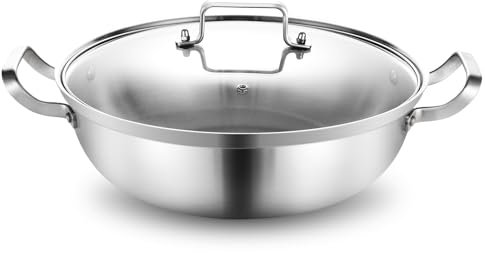 Delarlo Tri-Ply Stainless Steel Hot Pot 14 inch Everyday pan With lid, Everything Pan, Durable Deep Saute Pan, 7QT Induction Cooking Pot,Woks & Stir-Fry Pans Oven Safe Stock Pot