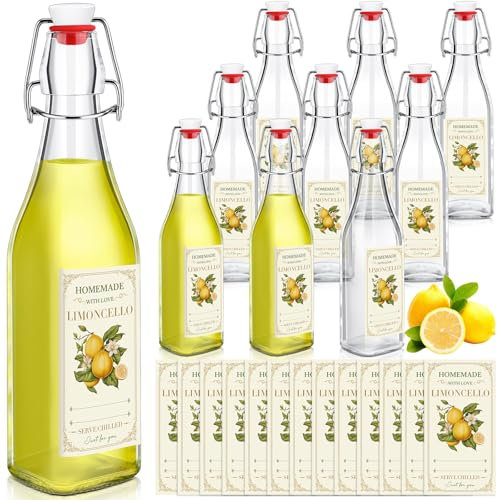 Havawish 10 Pcs 17 oz Swing Top Glass Bottles for Limoncello Homemade Flip Clear Top Bottles with Airtight Cap Lids Labels for Homemade Limoncello Wedding Baby Shower Favors(Square Style)