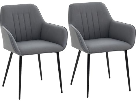 HOMCOM Chaises de Salle à Manger Chaises de Visiteur Design scandinave - Lot de 2 chaises - Pieds effilés métal Noir - Assise Dossier accoudoirs ergonomiques Lin Gris foncé