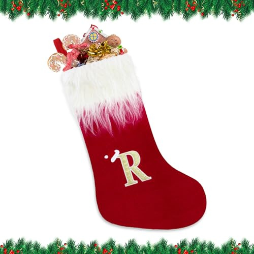 Alederways julstrumpor, 56 cm rött monogram stickade jul personliga broderade strumpor, stickad sammet julstrumpor röd öppen spis hängande strumpor för julklapp juldekor (R)