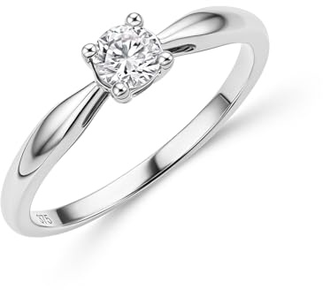 MIORE Bague Femme, Bague de Fiançailles avec Diamant 0.25 Ct Serti Griffe, Bague Solitaire, Bague en Or Blanc 9 Carats 375, Bague Vrai or, Bijoux Femme Hypoallergéniques Fabriqués à La Main