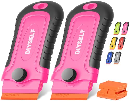 DIYSELF 2-Pack Plastic Scraper – Non-Scratch Cleaner for Car Windows, Stove Tops, Labels & Decals (Pink)