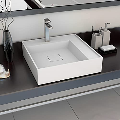 Lavabo with Fonte Minérale, Design Carré, Finition Haut de Gamme, Vasque à Poser Salle de Bain, Lavabo Salle de Bain, Meuble Vasque Salle de Bain, Blanc, 50 x 50 x 12.3 cm