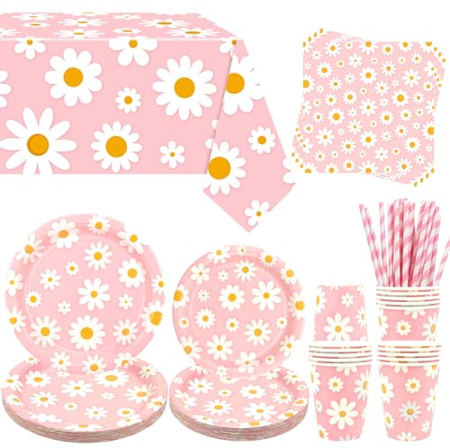 Obussgar Daisy, decorazione per feste di compleanno, accessori per stoviglie per feste di compleanno, tra cui piatti, bicchieri, tovaglioli, tovaglie, cannucce, per 20 persone (rosa)